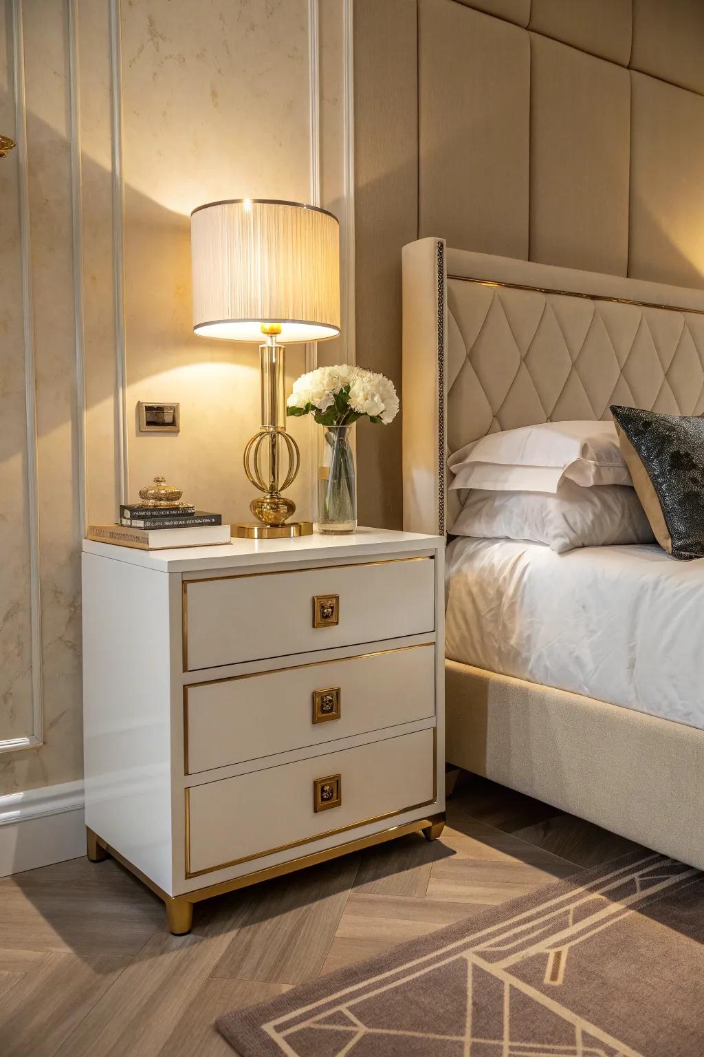 Nightstands with accents seamlessly sustain the theme.