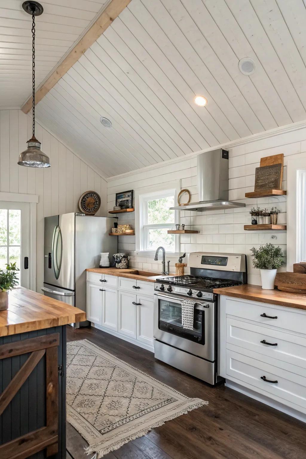 A kitchen rocking a textured white ceiling, adding a touch of charm and character.