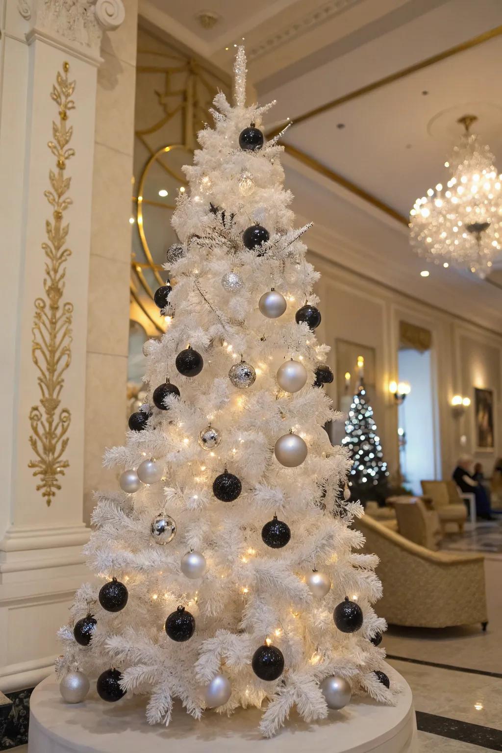 A glamorous ebony and argent motif for a stylish snow-white holiday tree.