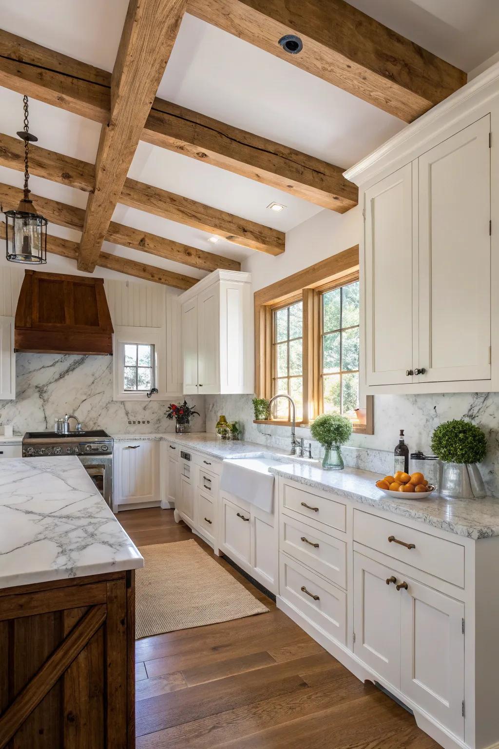 Exposed rafters add country charm to this airy kitchen.