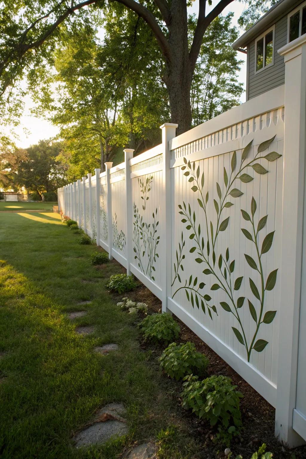 Ornamental perforations within a white fence engender enthralling designs and shadings.
