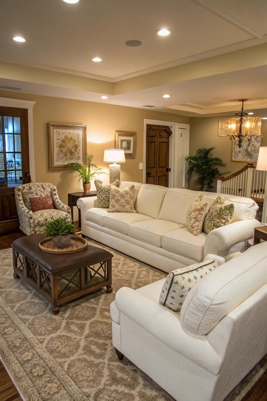 Accessory furnishings amplify the functionality of a living space featuring a creamy white sectional.