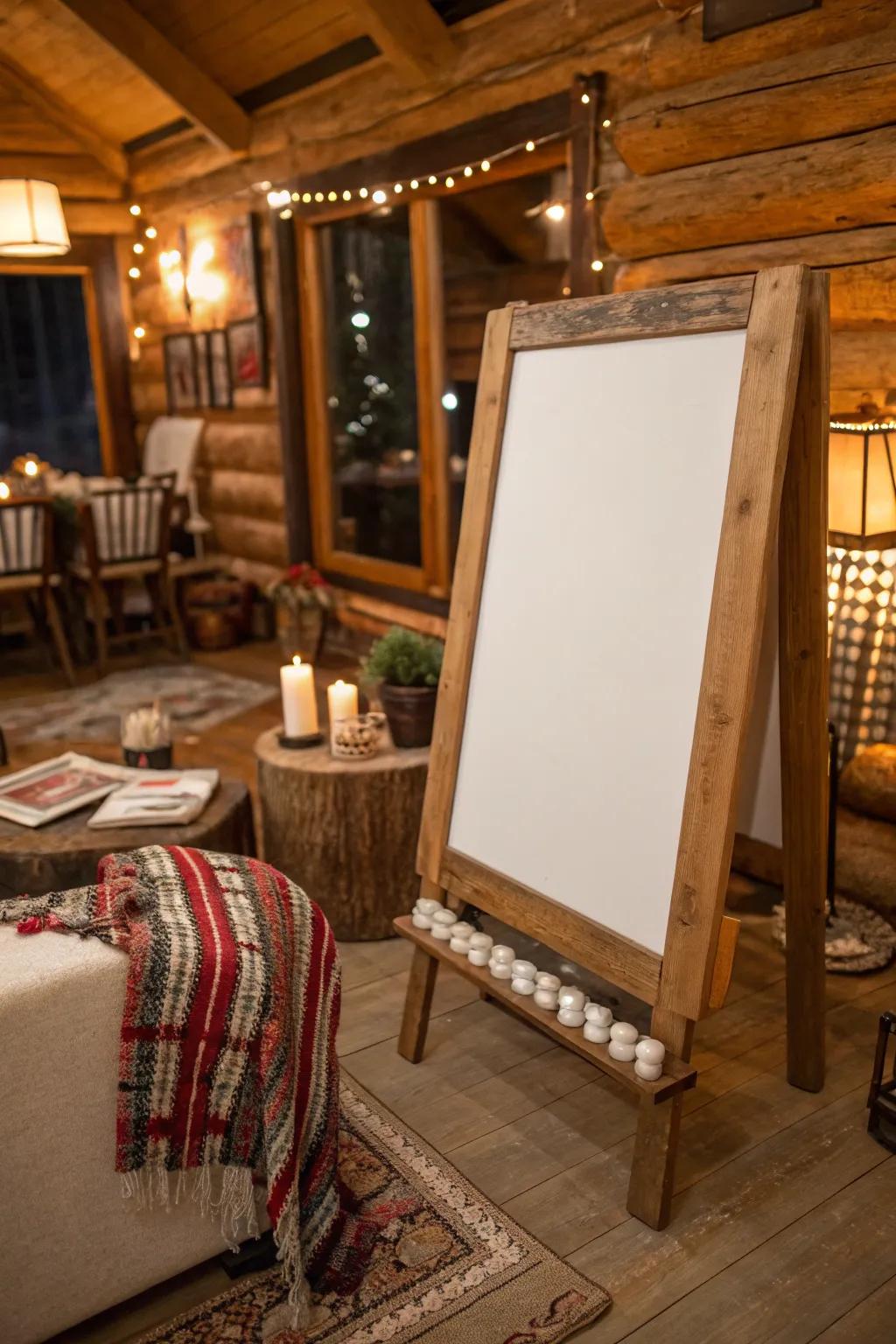A rustic wood frame contributes character and warmth to the whiteboard.