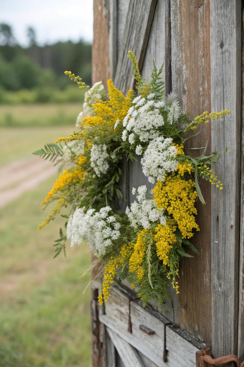 A seasonal wildflower garland imparts allure to any threshold.