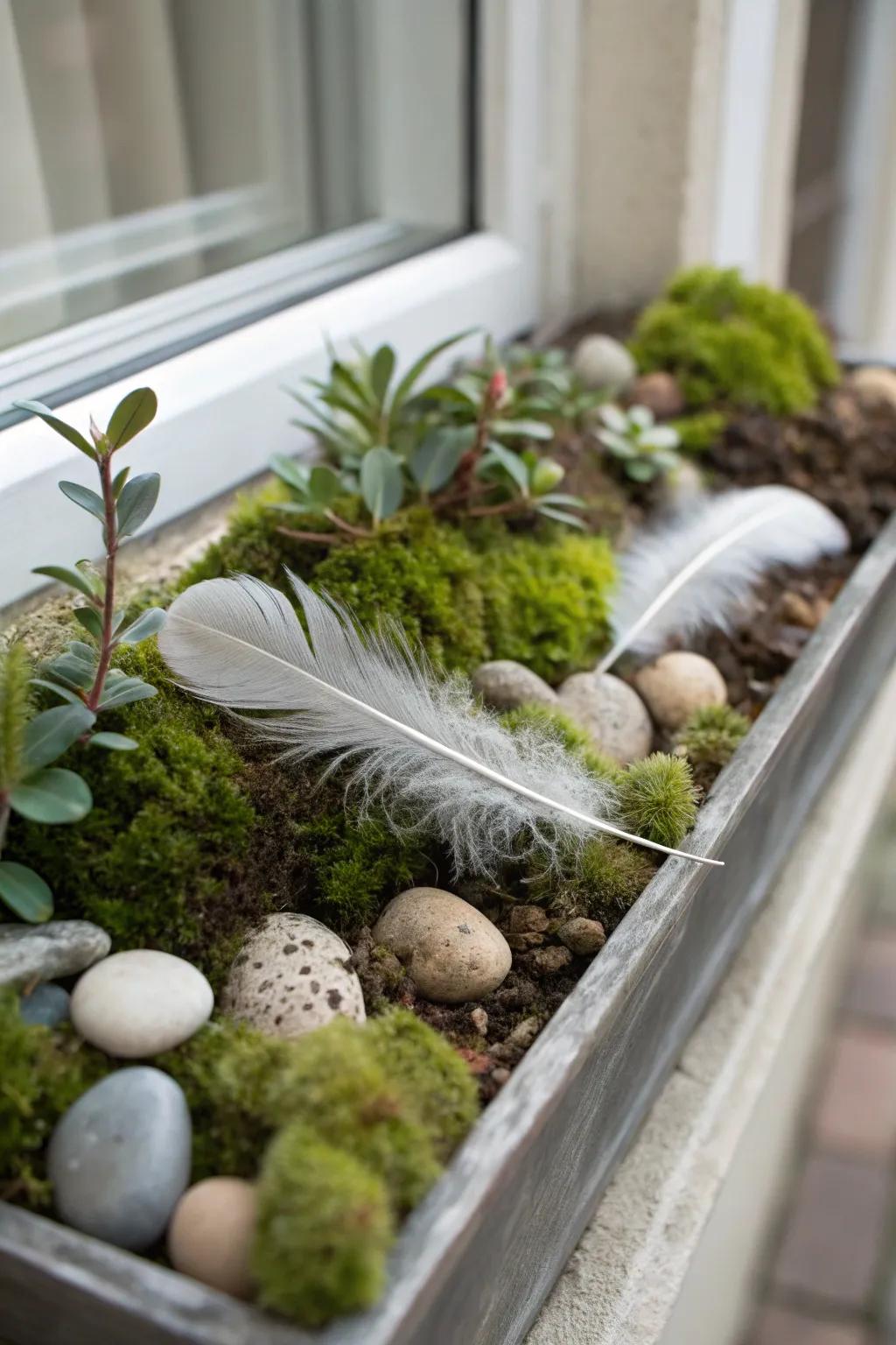 Showcasing a tapestry of textures with plumes and moss artistically arranged in a window box