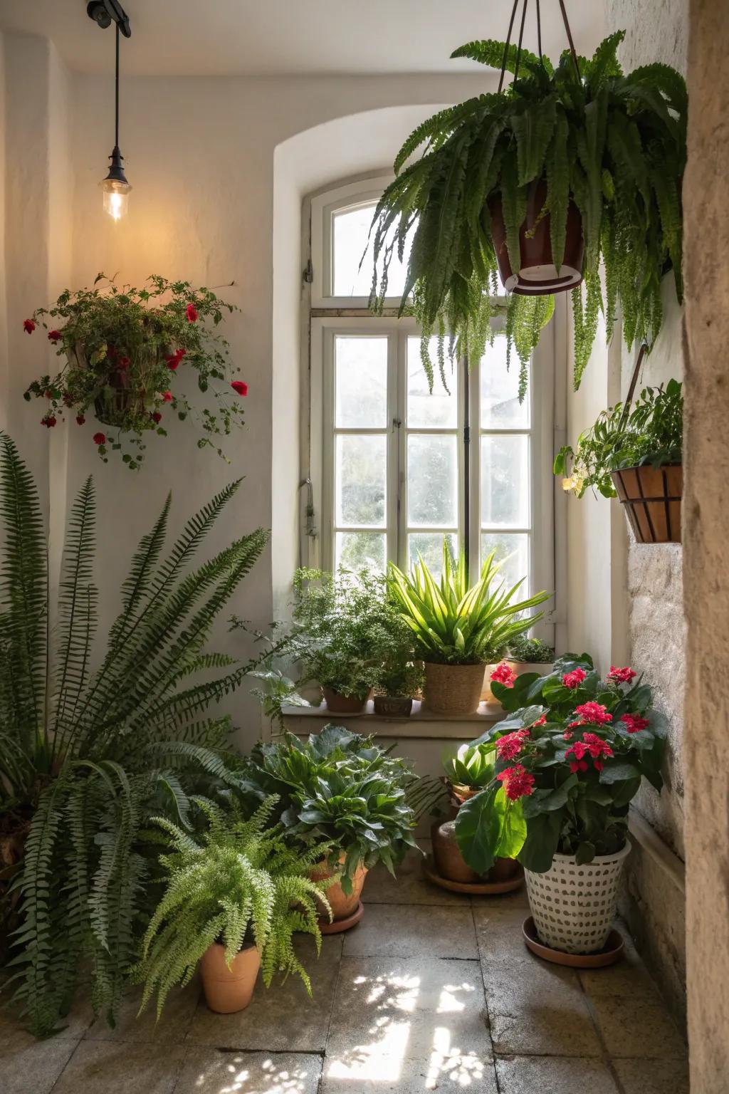 Lush vegetation surrounding the window imparts a fresh ambiance.