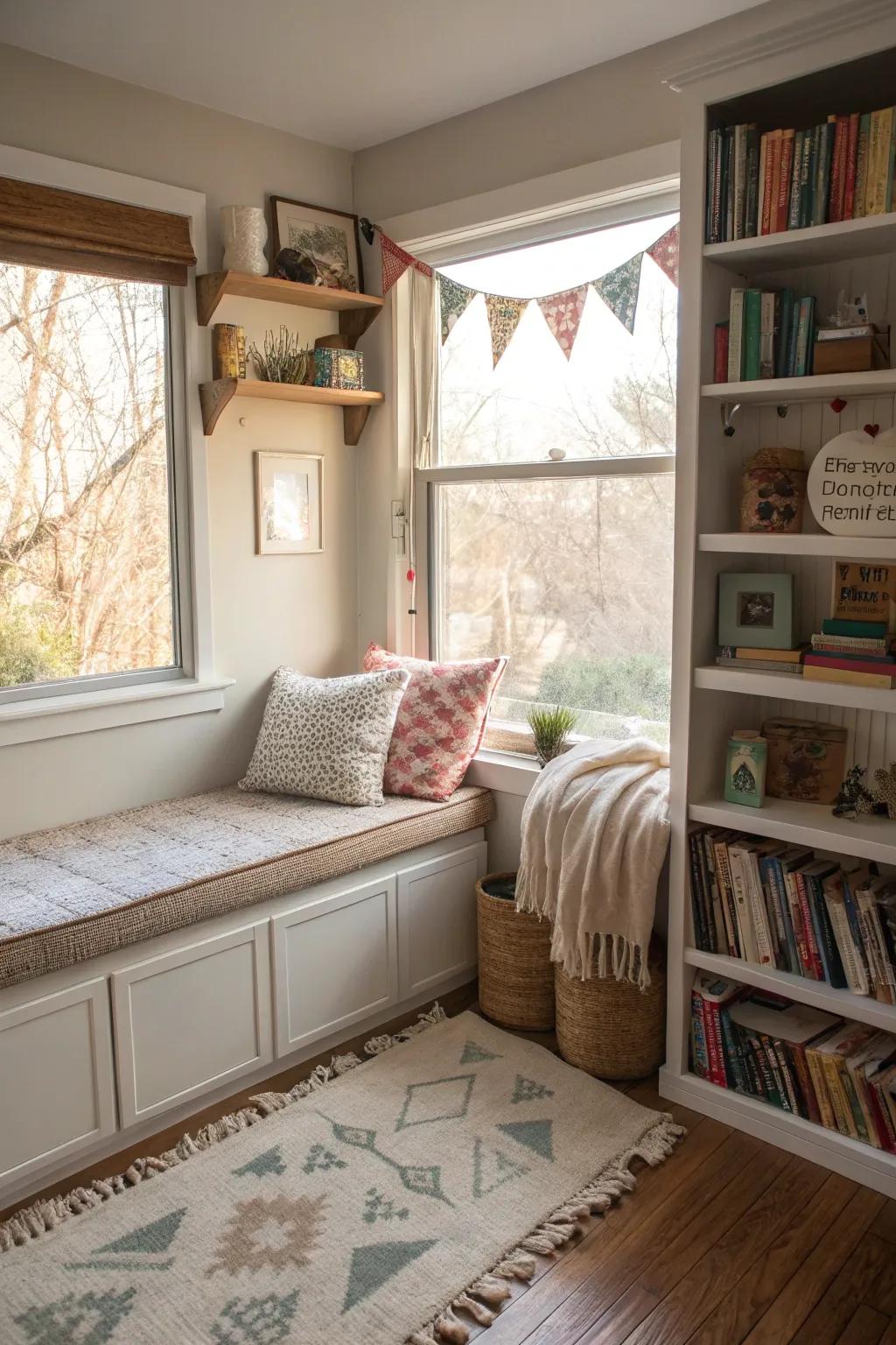 A DIY window reading nook exhibiting individualized details.