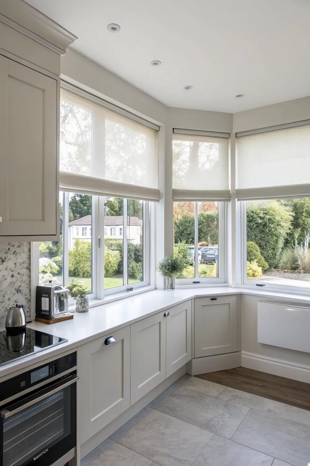 Roller shades provide a sleek and contemporary style.