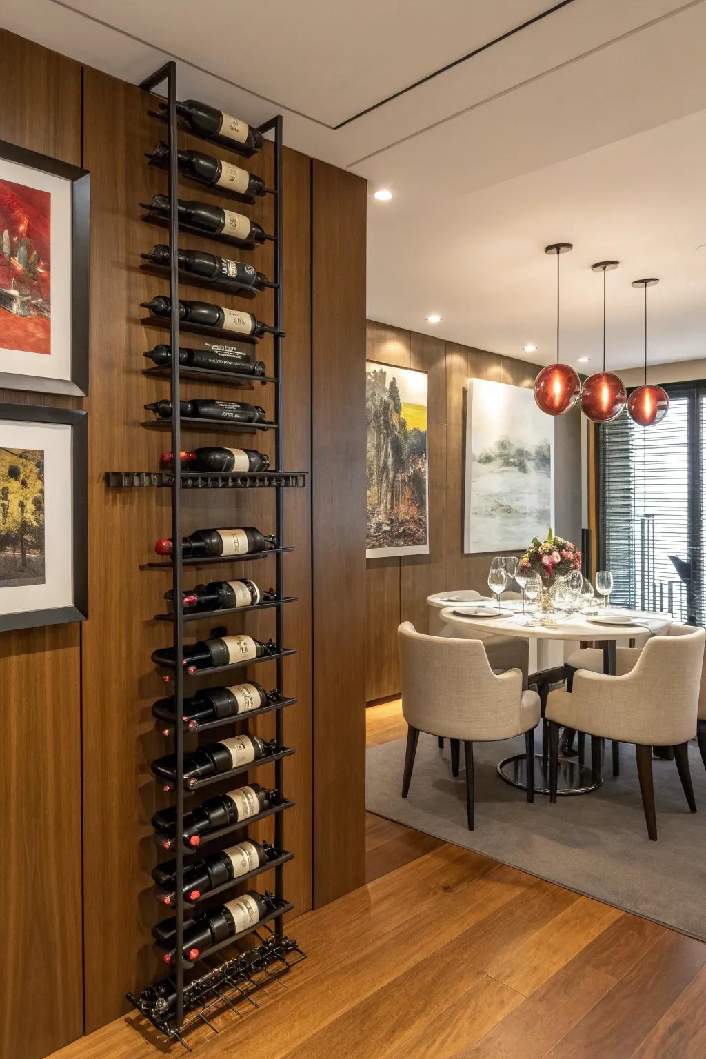 A modern peg wine rack turning wine bottles into art.