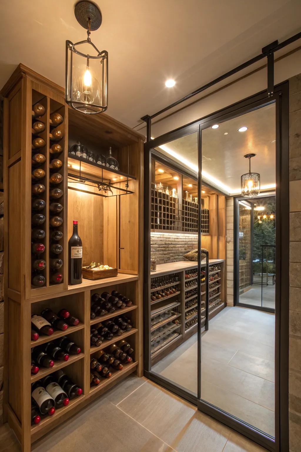 Sleek glass and metal accents lit up for a modern wine room appearance.