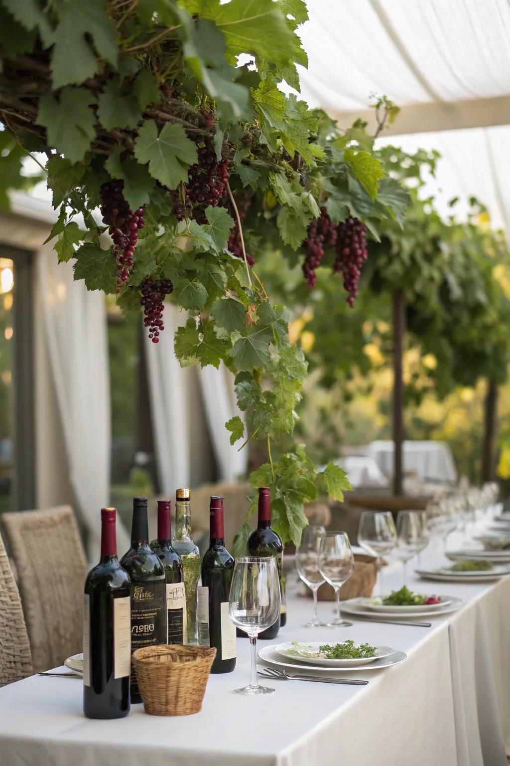 Vine accents create an immediate vineyard setting.
