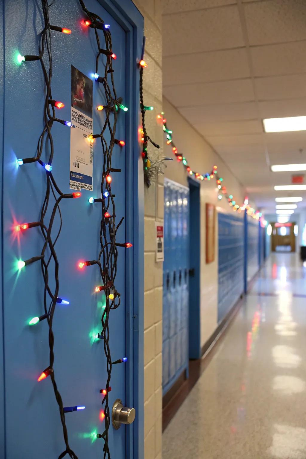 Festive illuminations add a celebratory radiance to this school entry