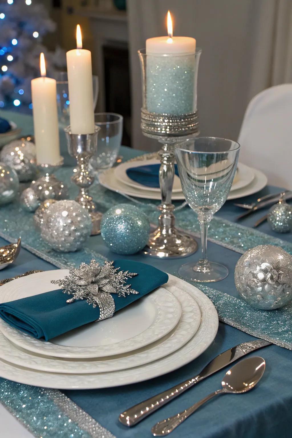 Shimmering table arrangements enhance the winter dreamland theme.