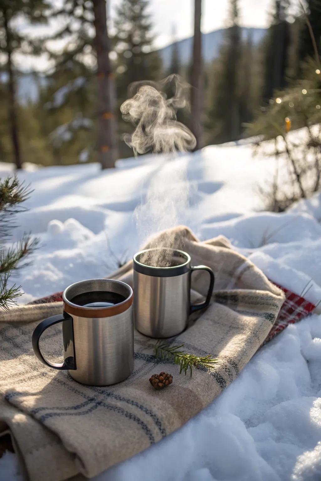 Thermal mugs keep your drinks warm when it's cold outside.