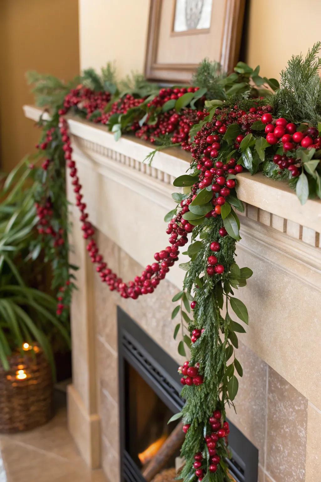 A scarlet berry garland lends a celebratory burst of hue to the hearth.