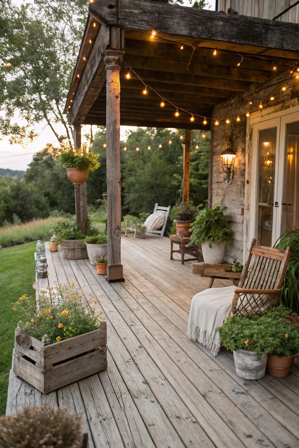 A rustic terrace design cultivates an enchanting and inviting environment.