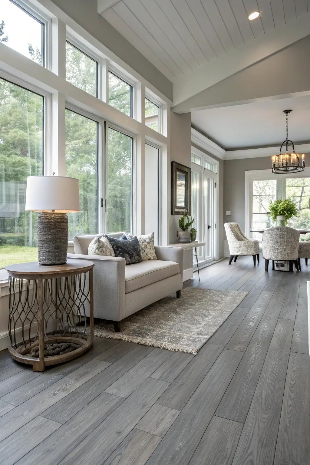 Stylish interior featuring refined gray timber flooring.