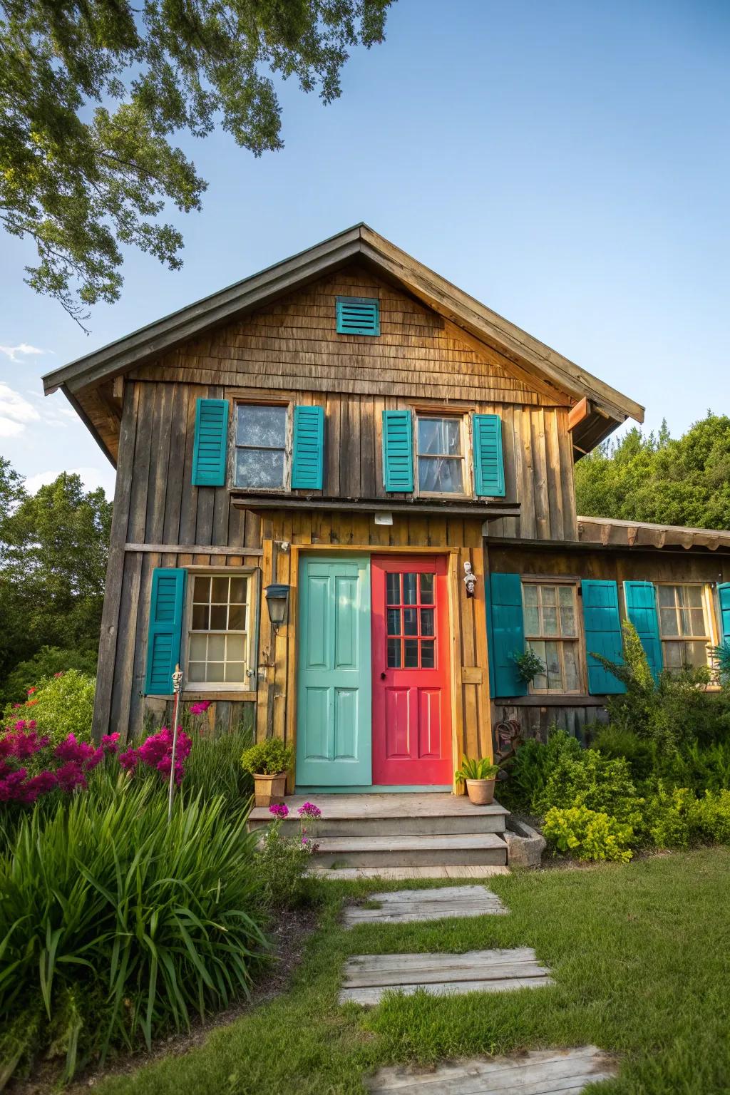 A wood home with bold color accents that add a surprising pop of personality.