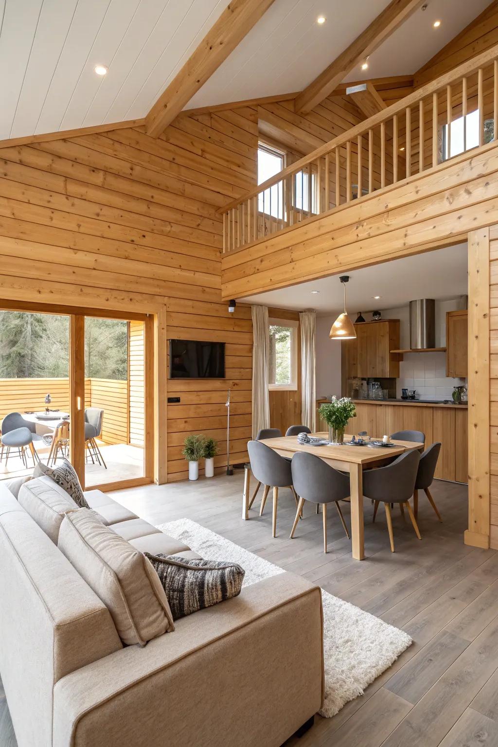 Wood layering aids in the definition of open-concept living spaces.