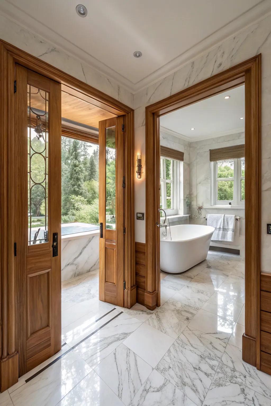 Double-hinged entrances inject a feeling of grace into sizable bathrooms.