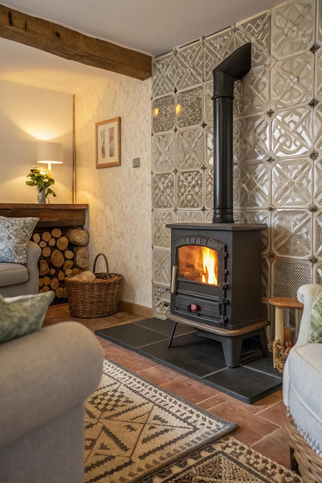 Textured tiles introduce dimension and interest to your wood burner surround.