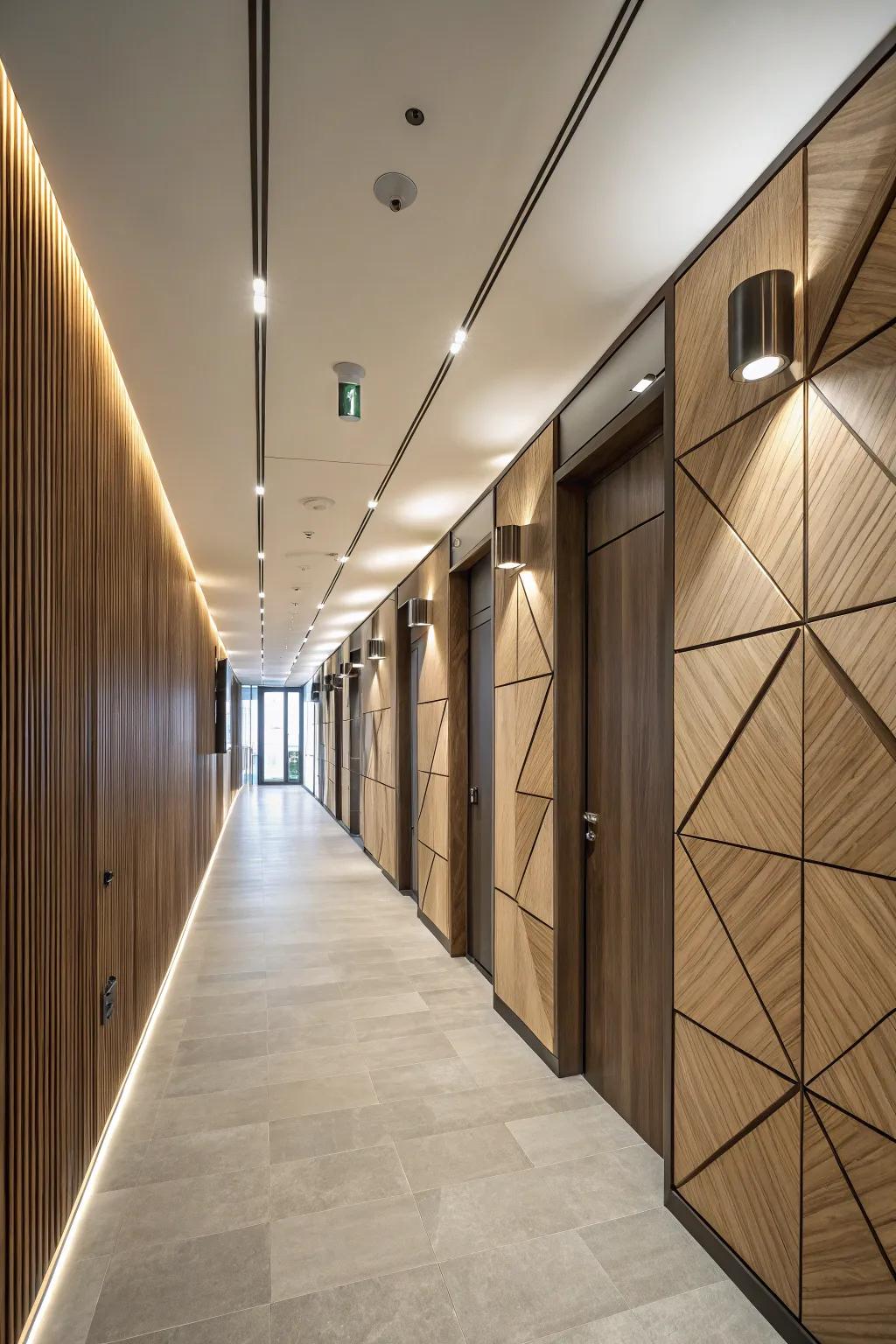 A hallway with geometric wood paneling.