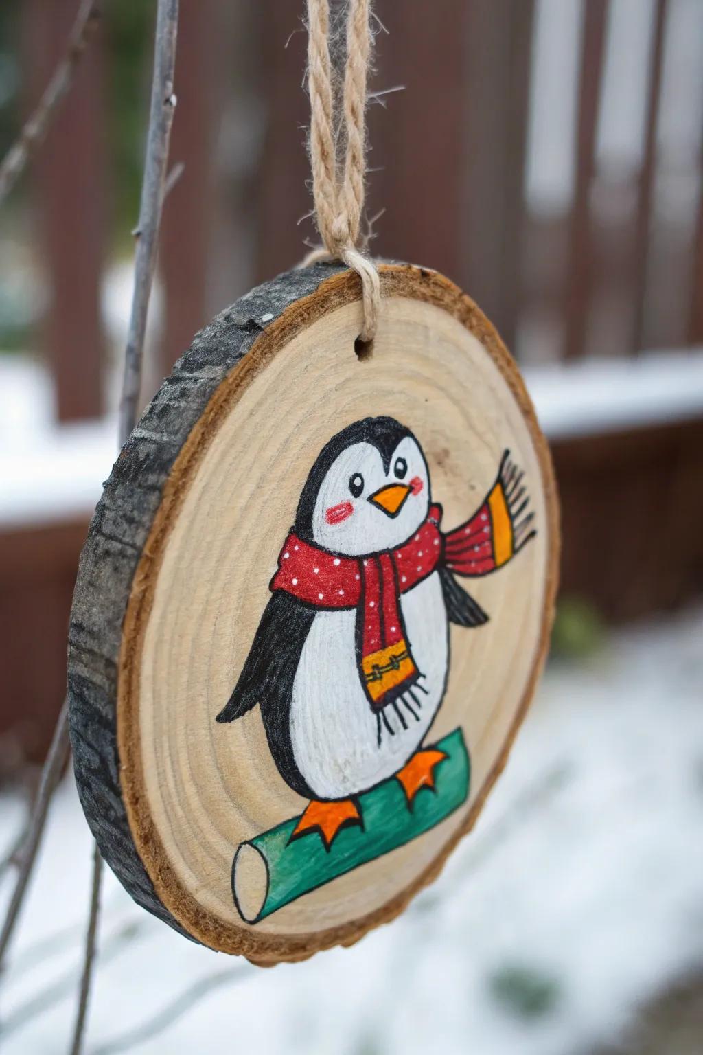 This decoration is made more charming by a whimsical penguin portrait.