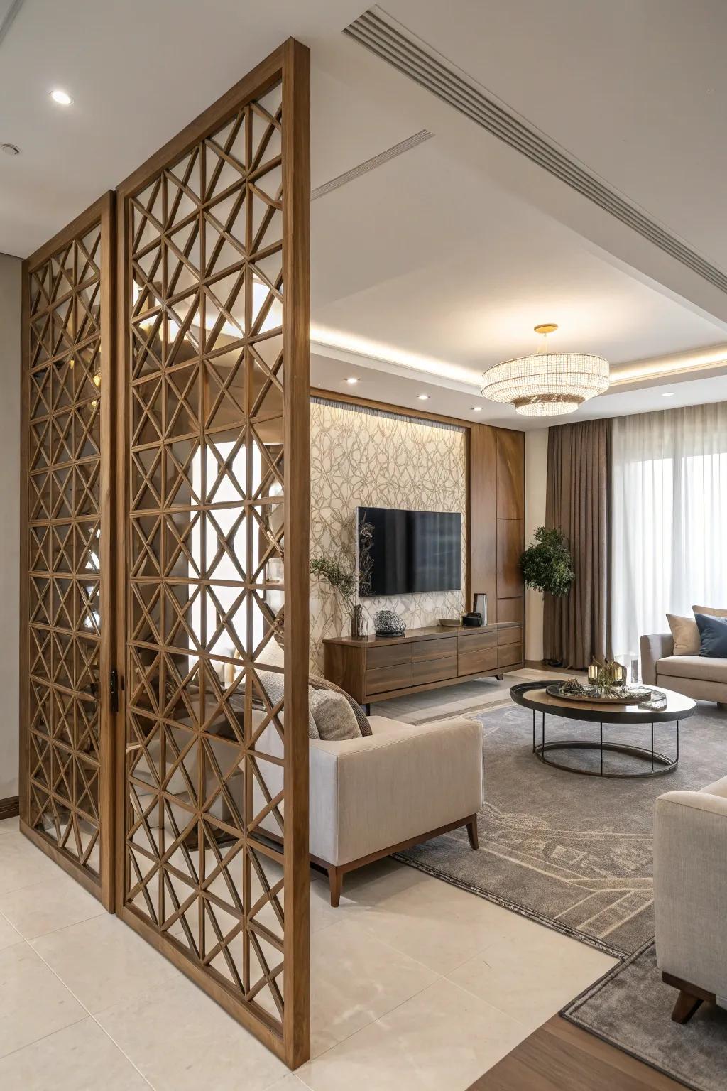 Geometric patterns on timber partitions bring a bold and artistic touch to the space.