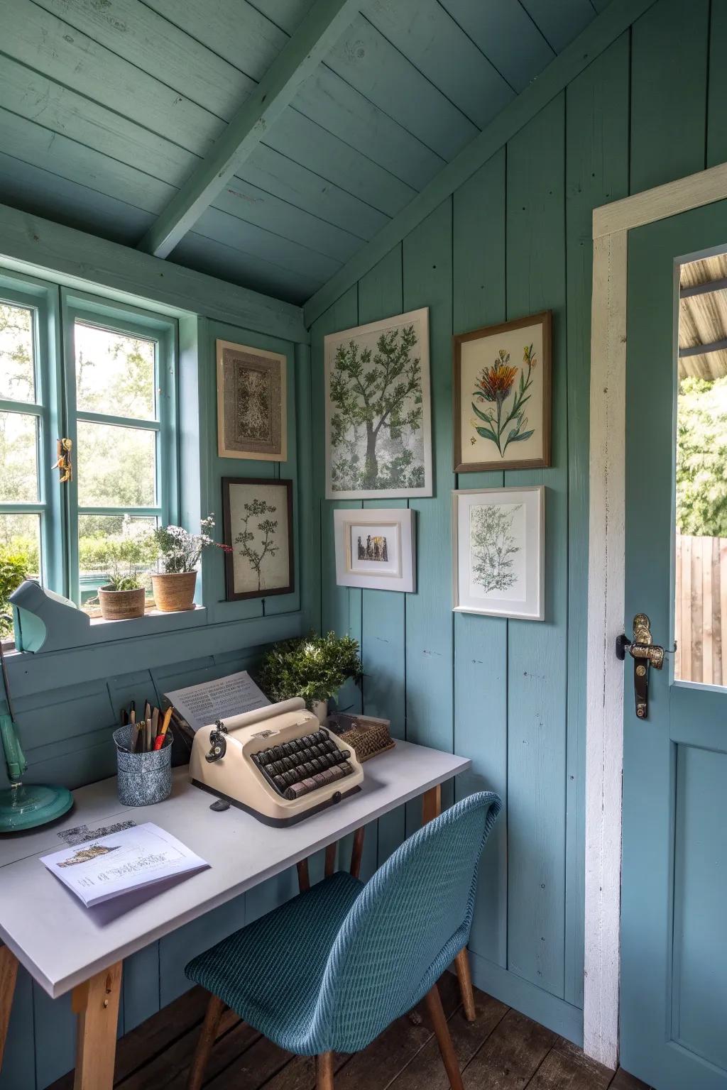 A serene writing shed interior featuring a calming color palette.