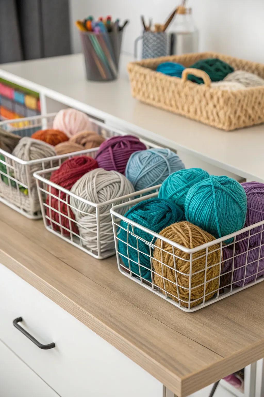 Wire baskets provide a fashionable and visible yarn storage solution.