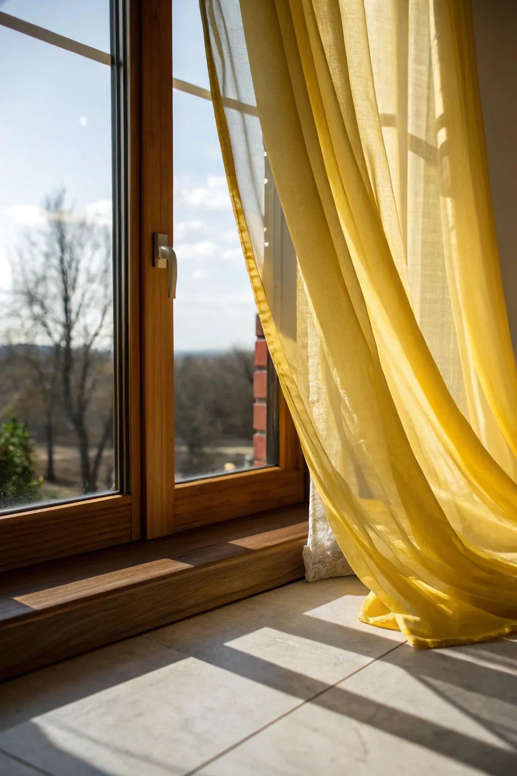 Butter-colored window treatments frame the vista and brighten the kitchen with natural light.