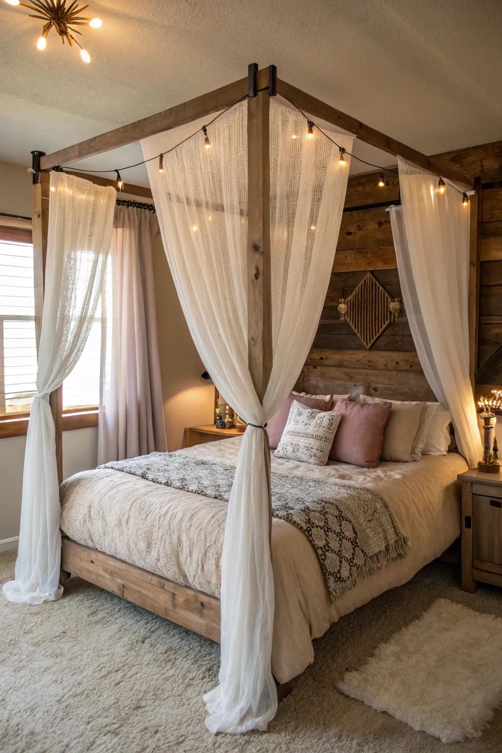 A DIY canopy bed introduces a dash of warmth and sophistication.