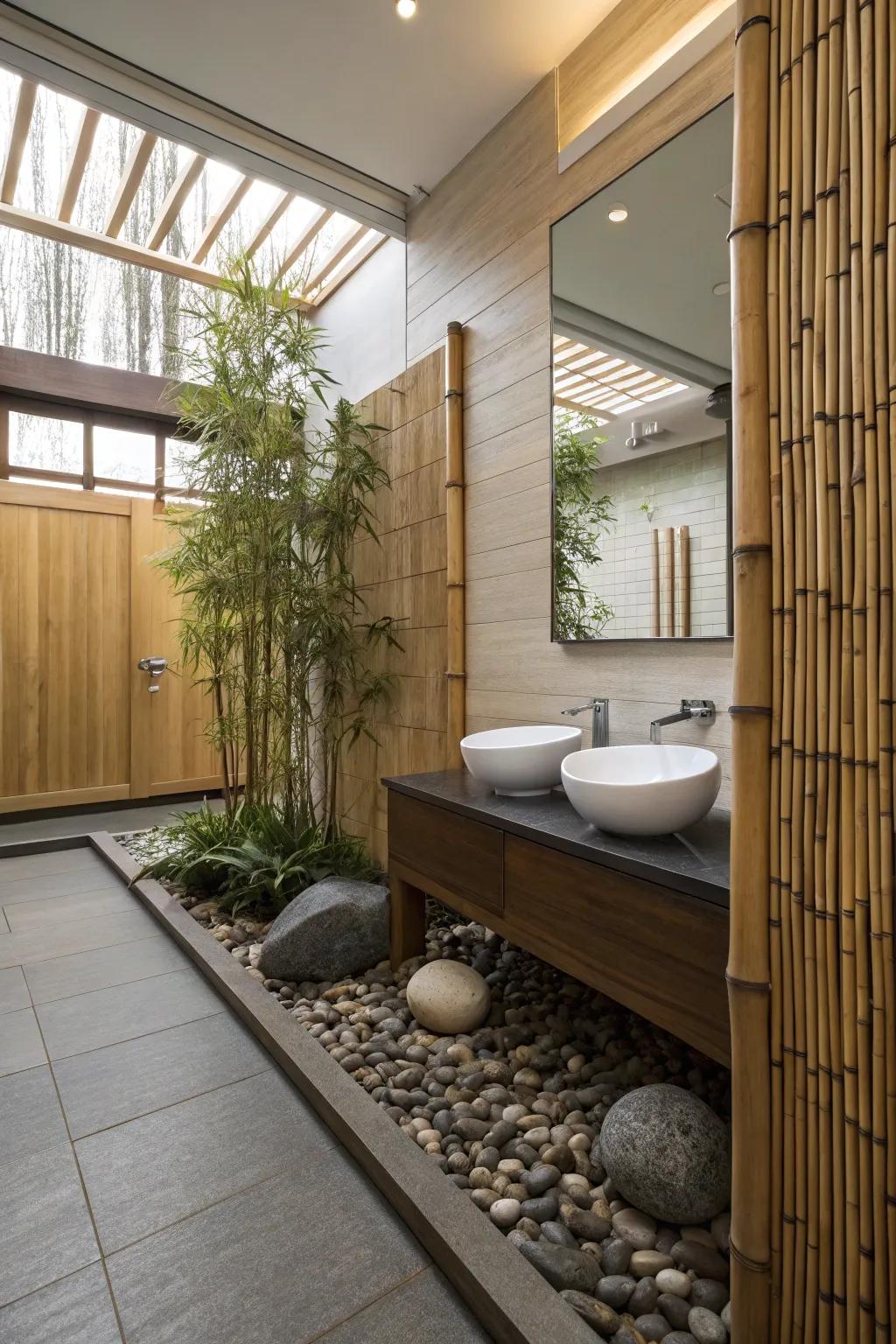 Natural things, like bamboo, make a zen bathroom feel real.