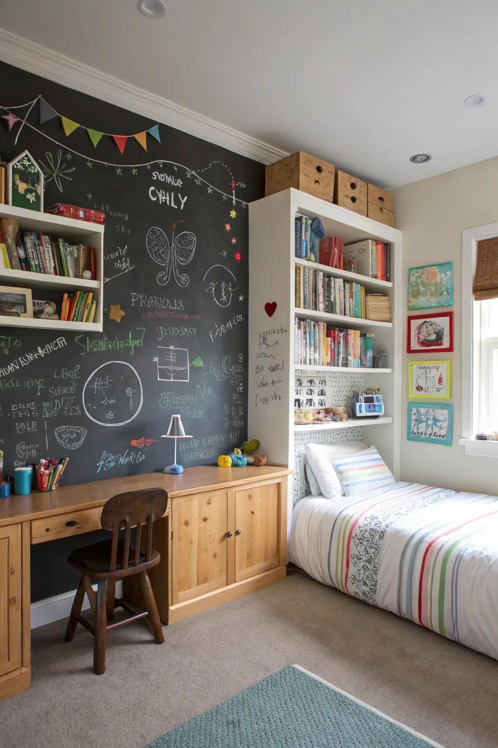 A chalkboard surface promotes ingenuity and adds an interactive element.