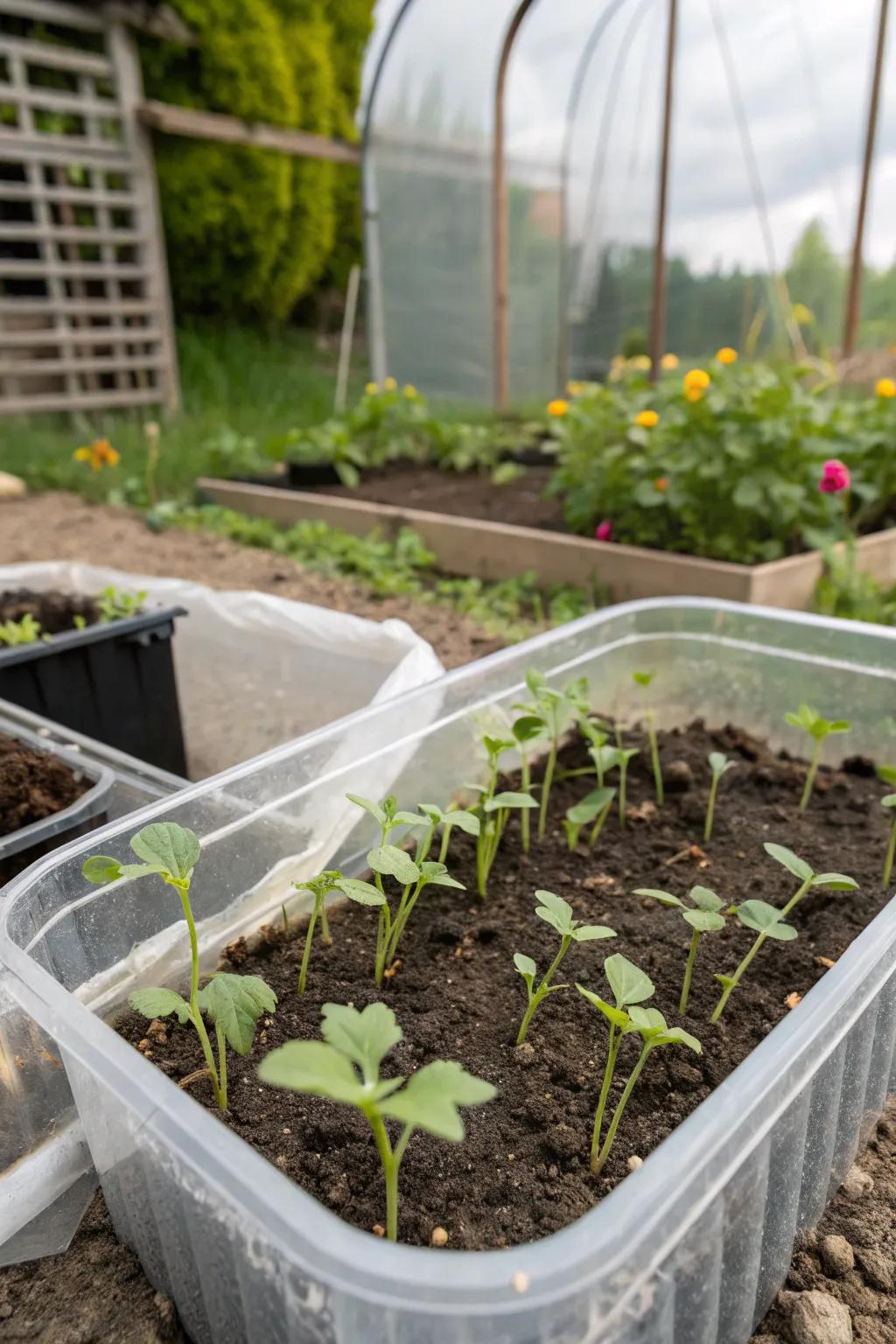 A plastic crate greenhouse to assist new seedlings.