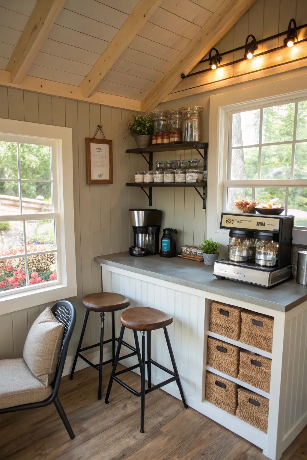 Enjoy a personal coffee nook in your shed.