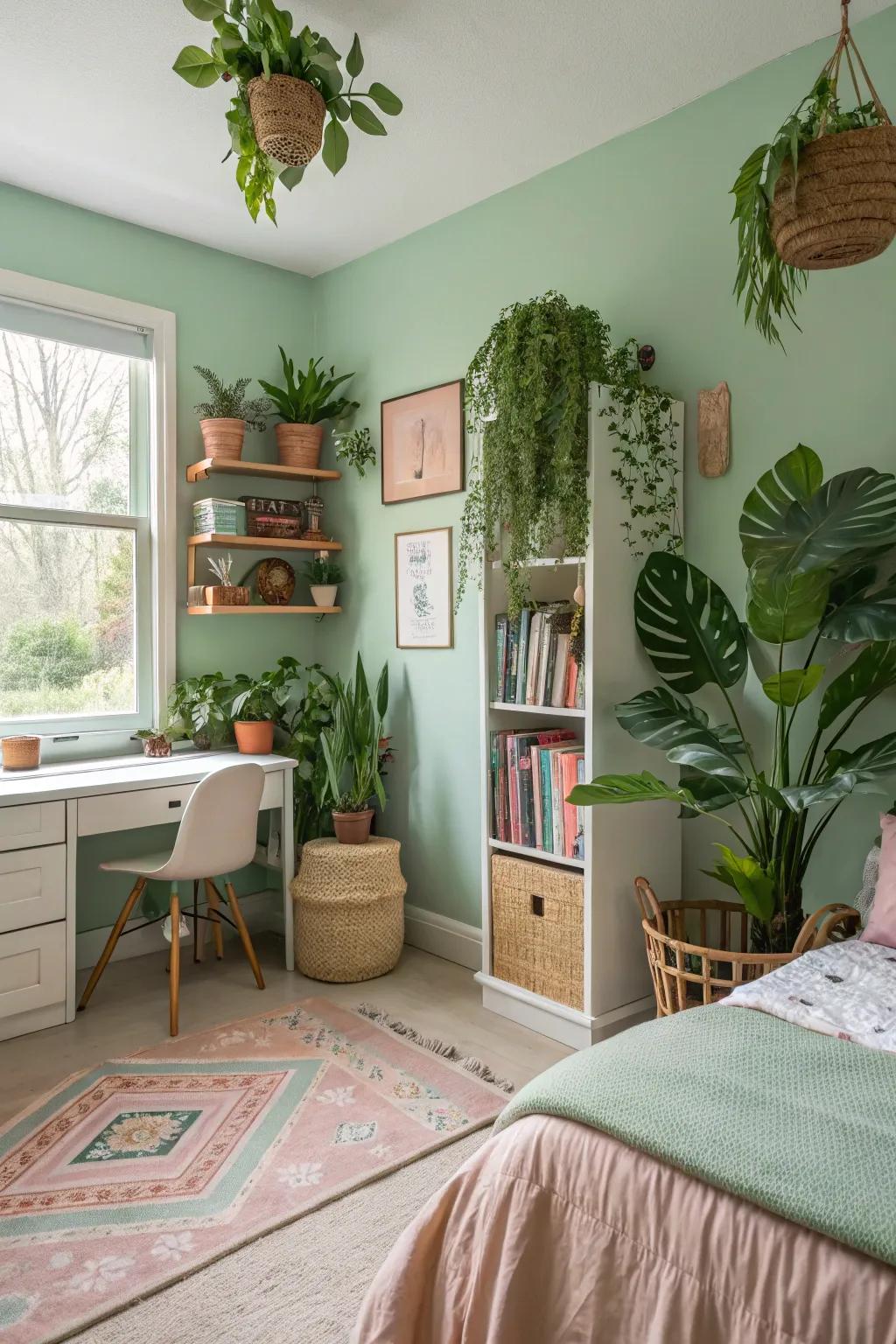 Nature elements introduce freshness and vitality to the room.