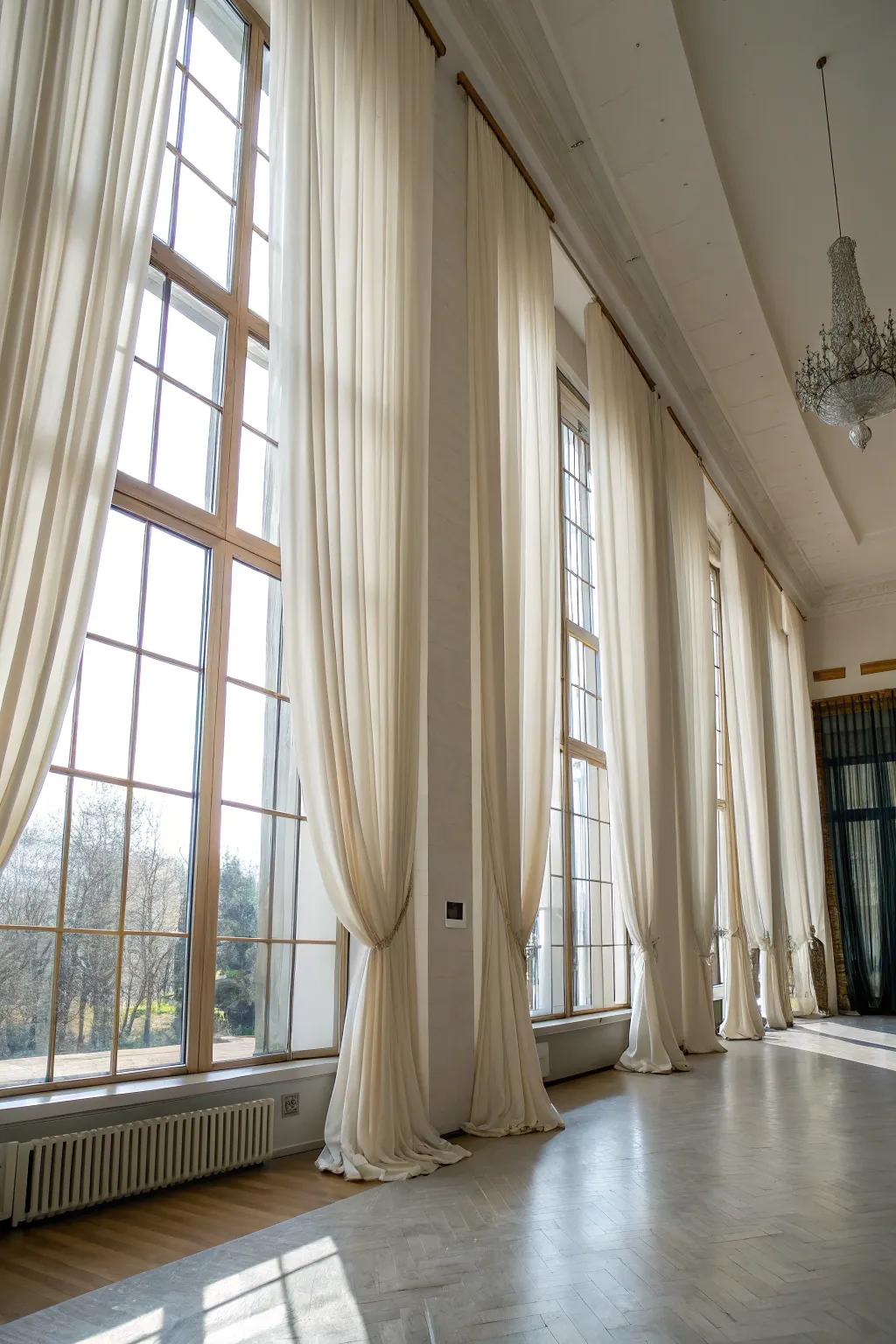 Taller ceilings are made to appear by curtains hung high.