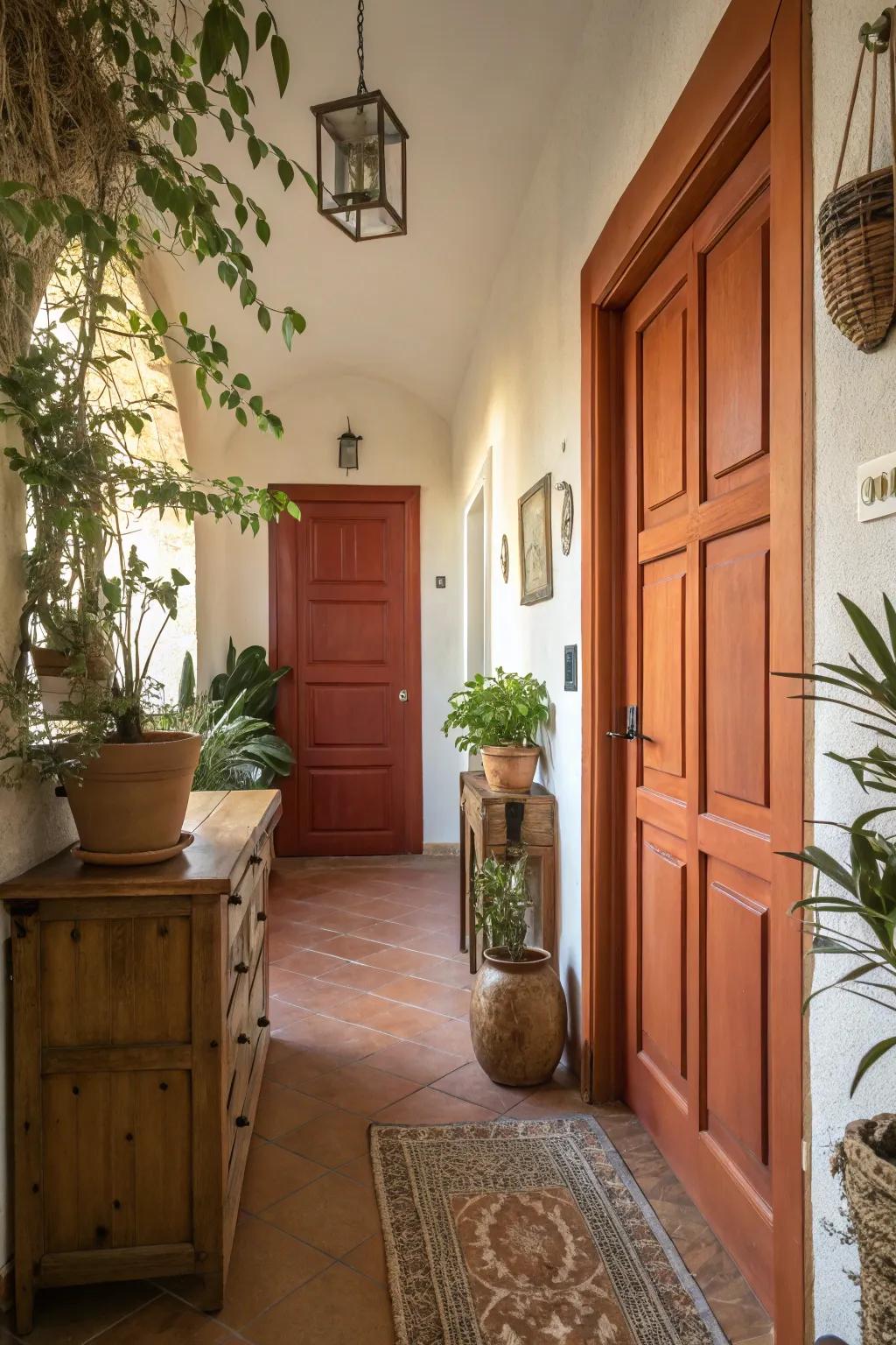An earth tone entryway introduces an earthy element to this hallway.
