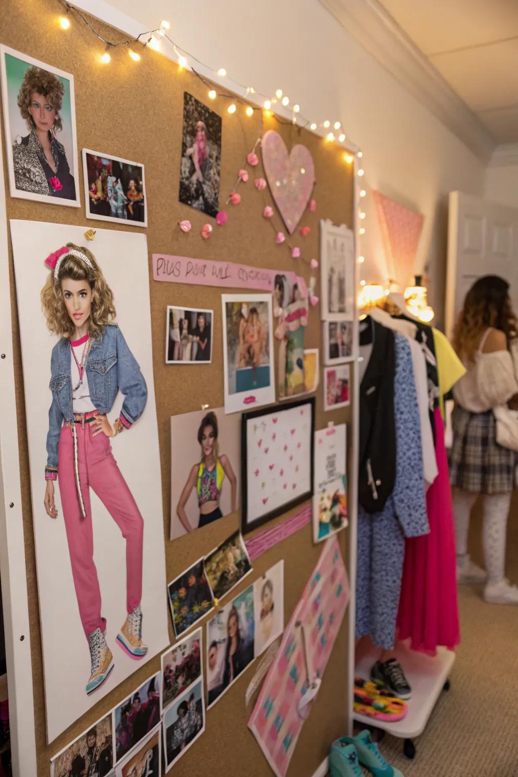 80s fashion cutouts showcased on a display board within a fashion-inspired area.