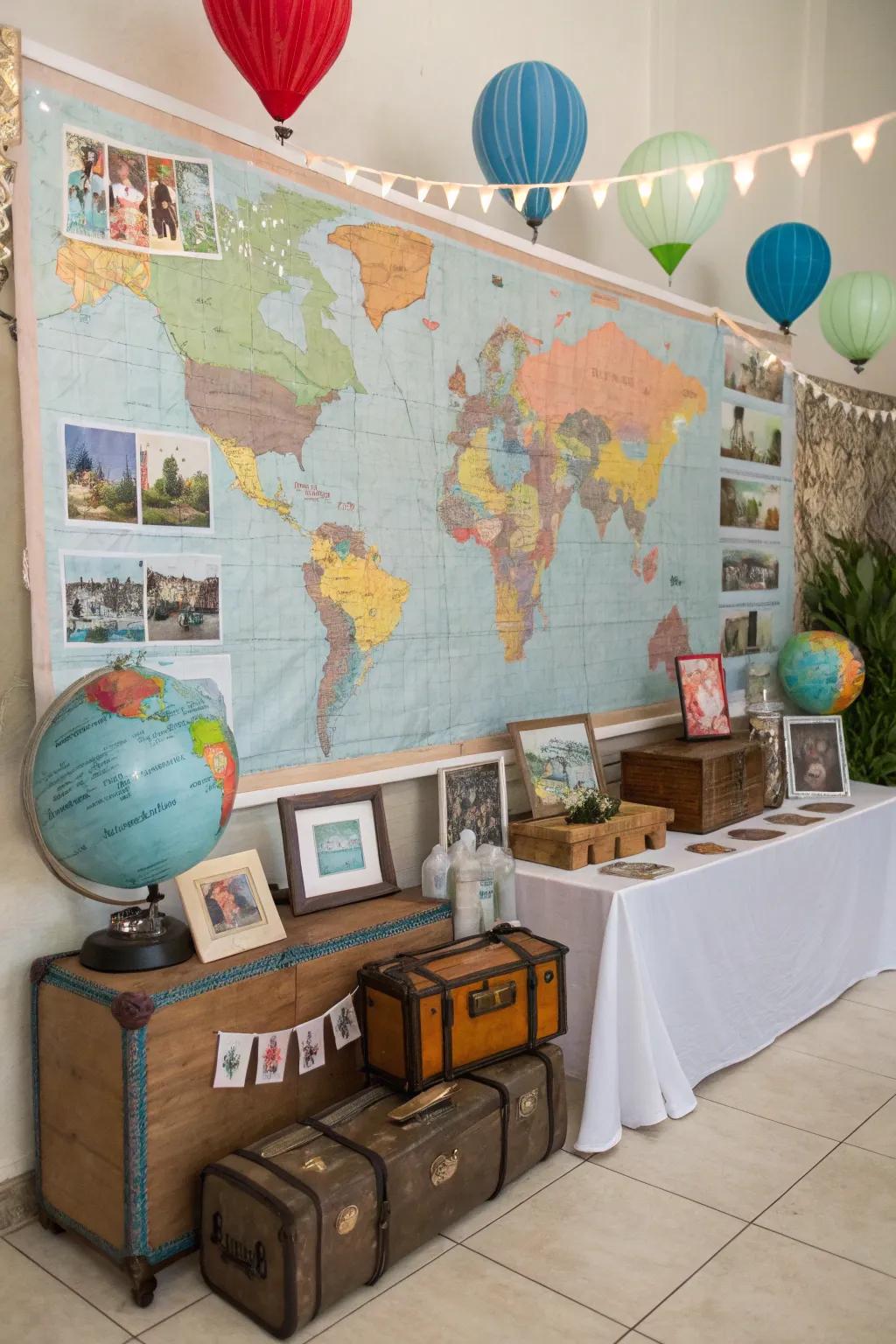 Travel-themed decorations celebrating a life of expeditions.