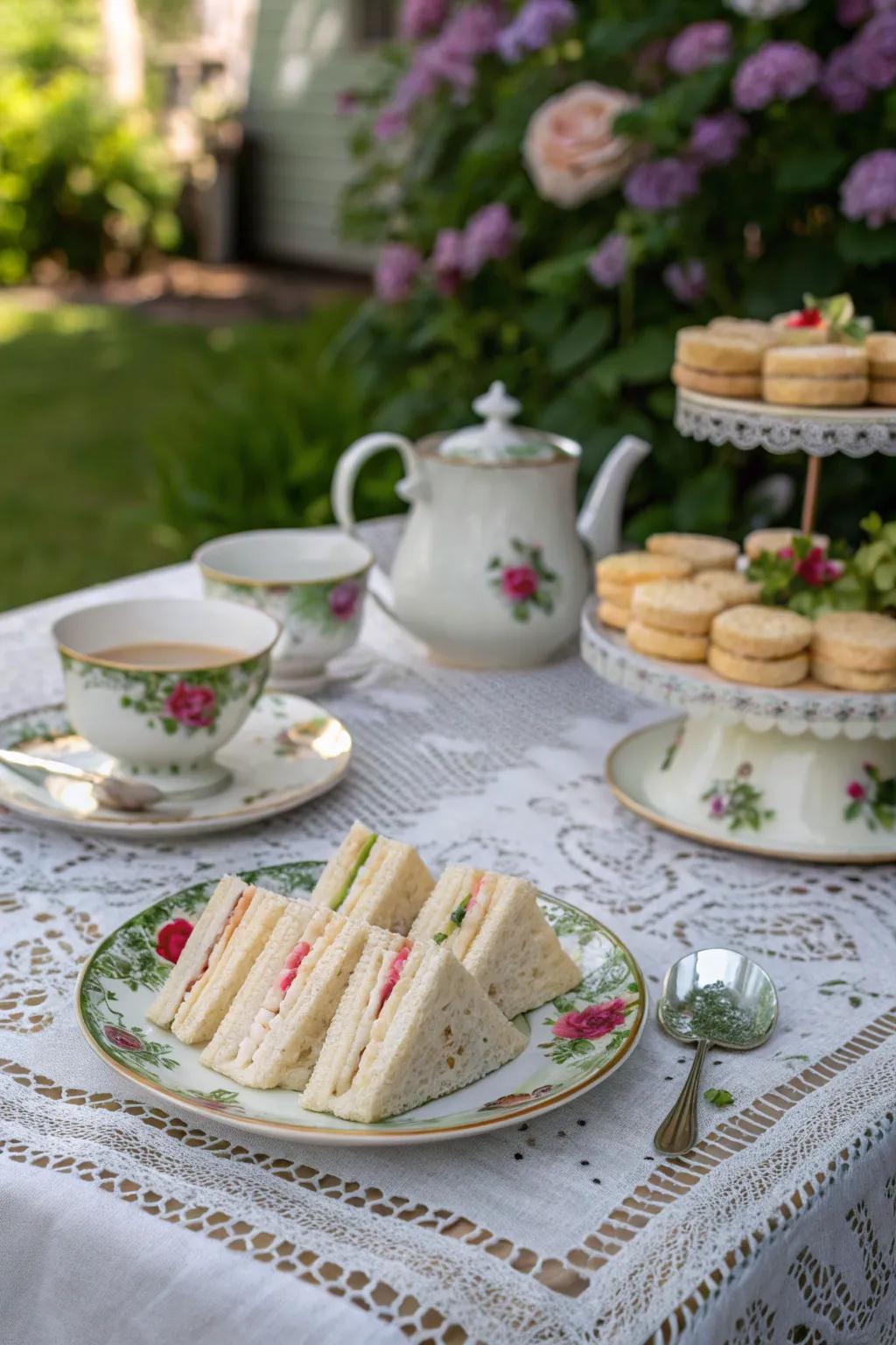 An elegant tea festivity configuration within a delightful garden.