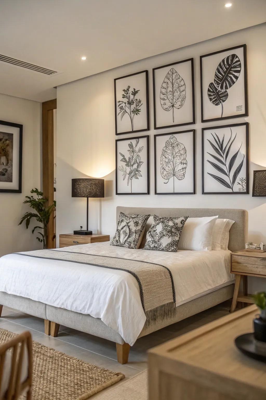A hint of timeless beauty is added to the space over the bed by minimalist art.