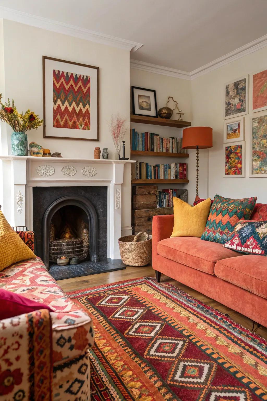 Vivid colors create a commanding and energetic focal point above the fireplace.