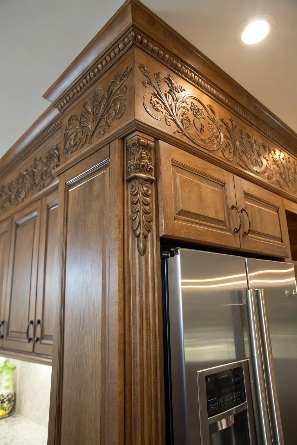 Decorative touches add elegance and flair to kitchen cabinetry.