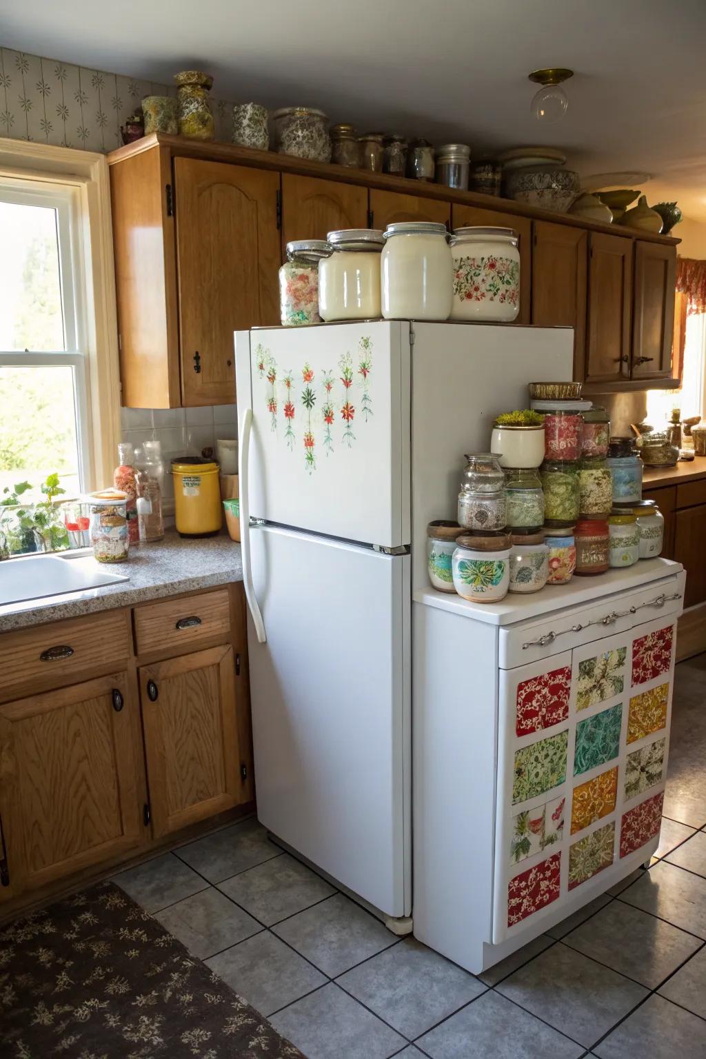 Highlight your unique collection above the fridge to spark curiosity.
