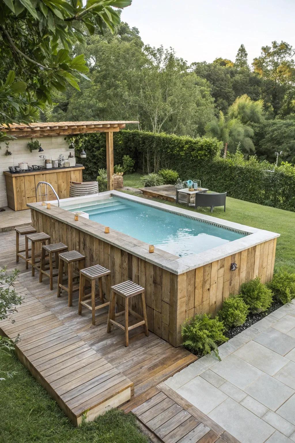Sustainable materials create a fashionable and eco-friendly poolside bar.