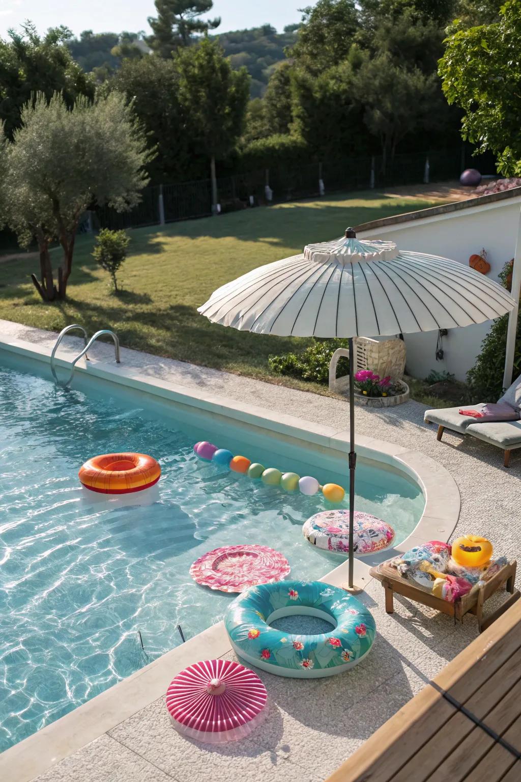 Make your pool pop with fun floats and stylish umbrellas.