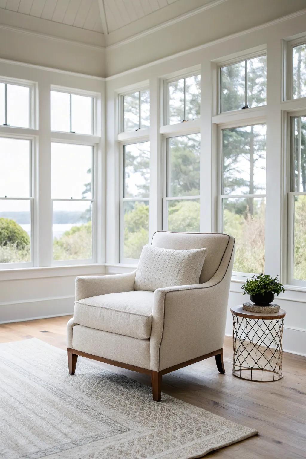 An open-arm chair in a minimalist room radiates a sleek vibe.