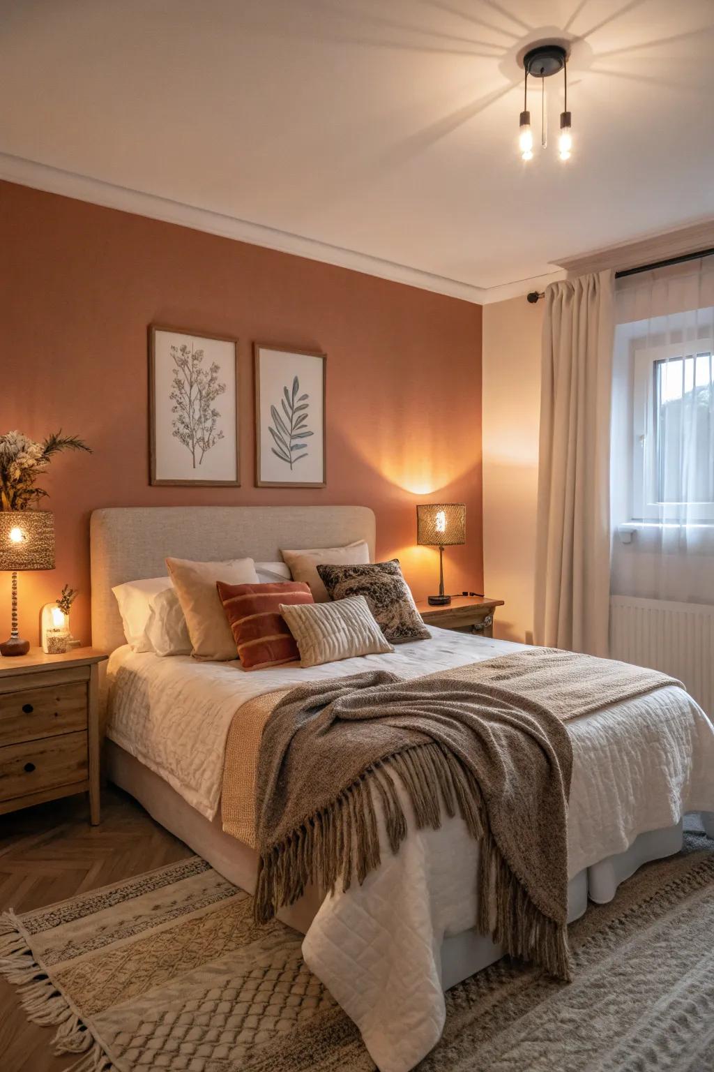Warm tones on the accent wall make the bedroom feel inviting and snug.